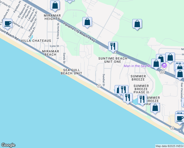 map of restaurants, bars, coffee shops, grocery stores, and more near 17614 Front Beach Road in Panama City Beach