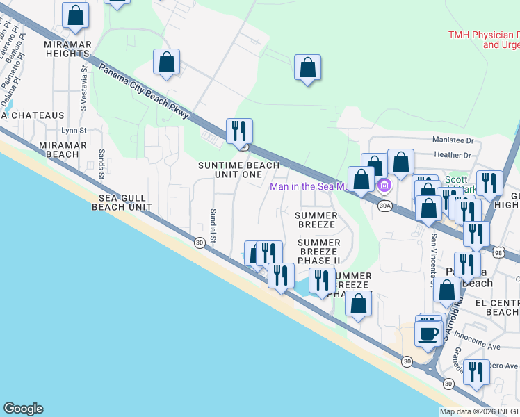 map of restaurants, bars, coffee shops, grocery stores, and more near Sunbelt Drive in Panama City Beach