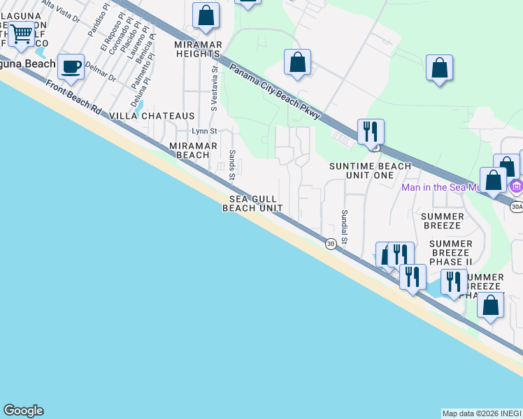 map of restaurants, bars, coffee shops, grocery stores, and more near 17657 Front Beach Road in Panama City Beach
