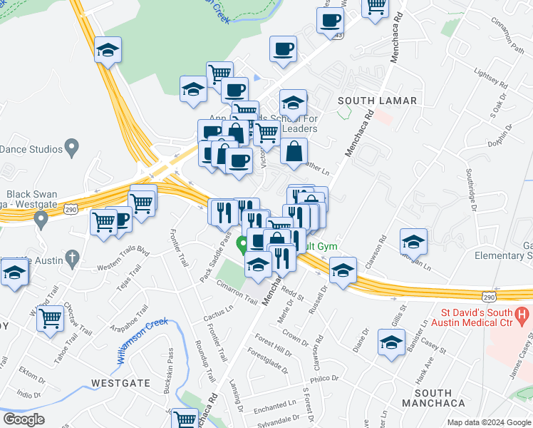 map of restaurants, bars, coffee shops, grocery stores, and more near 2107 Fortview Road in Austin