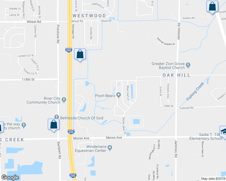 map of restaurants, bars, coffee shops, grocery stores, and more near 6407 Silk Leaf Lane in Jacksonville
