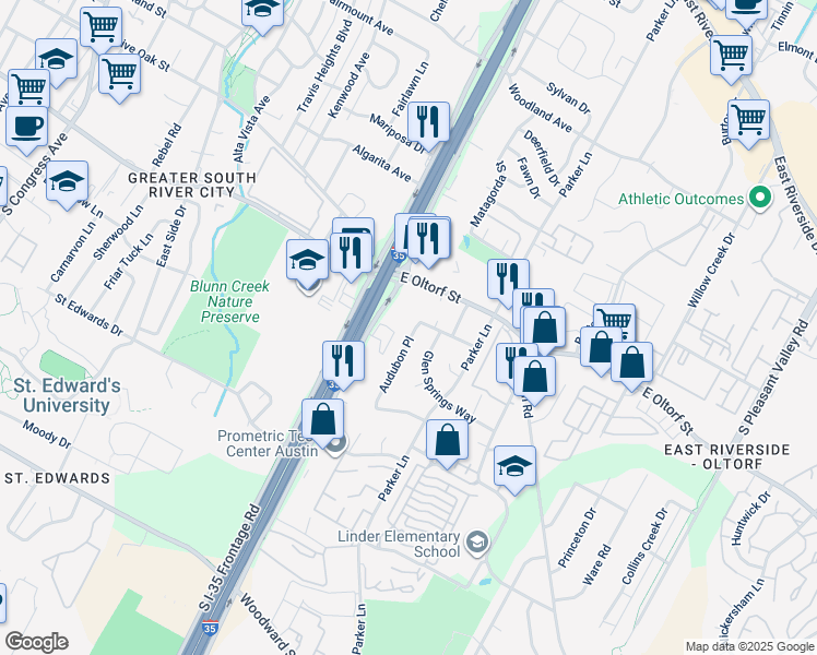 map of restaurants, bars, coffee shops, grocery stores, and more near 2400 Audubon Place in Austin