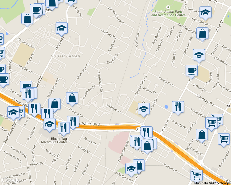 map of restaurants, bars, coffee shops, grocery stores, and more near 1202 Southport Drive in Austin