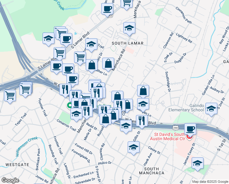 map of restaurants, bars, coffee shops, grocery stores, and more near 4006 Valley View Road in Austin