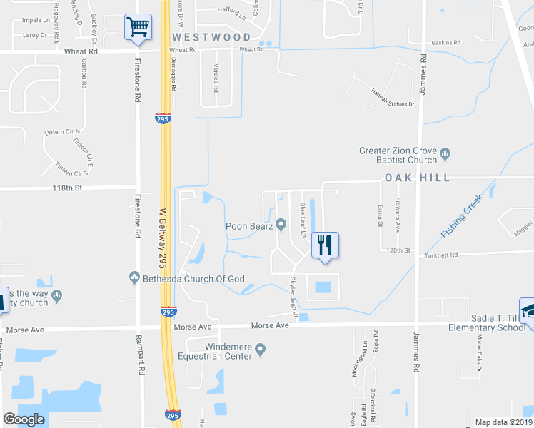 map of restaurants, bars, coffee shops, grocery stores, and more near 6407 Silk Leaf Lane in Jacksonville