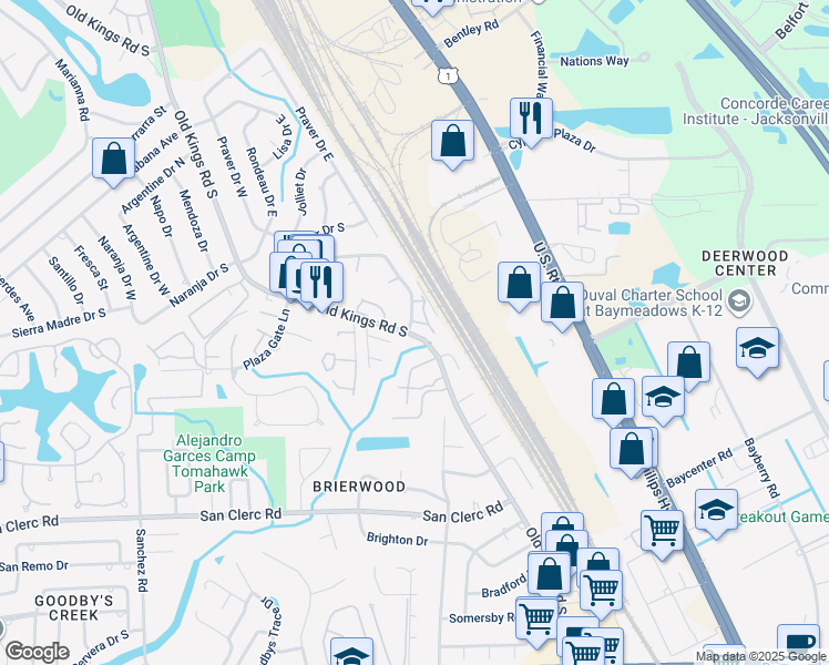 map of restaurants, bars, coffee shops, grocery stores, and more near 8286 San Jose Manor Drive East in Jacksonville