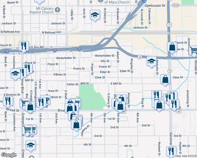 map of restaurants, bars, coffee shops, grocery stores, and more near 2017 Cline St in Lake Charles