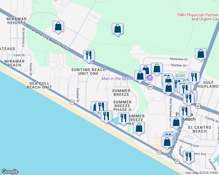 map of restaurants, bars, coffee shops, grocery stores, and more near 126 Bonaire Drive in Panama City Beach