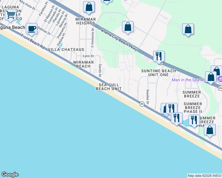 map of restaurants, bars, coffee shops, grocery stores, and more near 17719 Front Beach Road in Panama City Beach