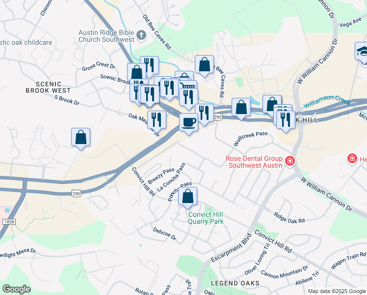 map of restaurants, bars, coffee shops, grocery stores, and more near 6821 Wolfcreek Pass in Austin