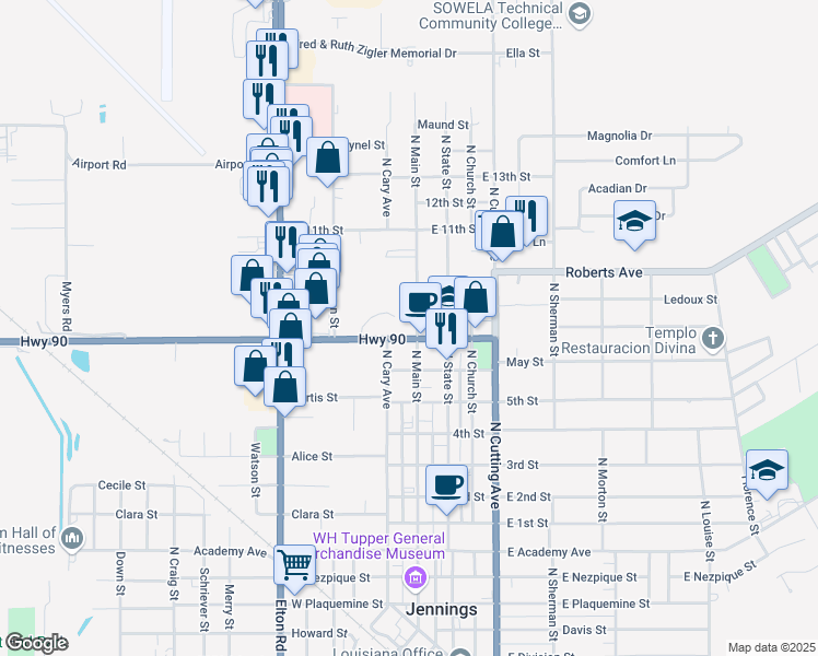 map of restaurants, bars, coffee shops, grocery stores, and more near 208 Shankland Avenue in Jennings