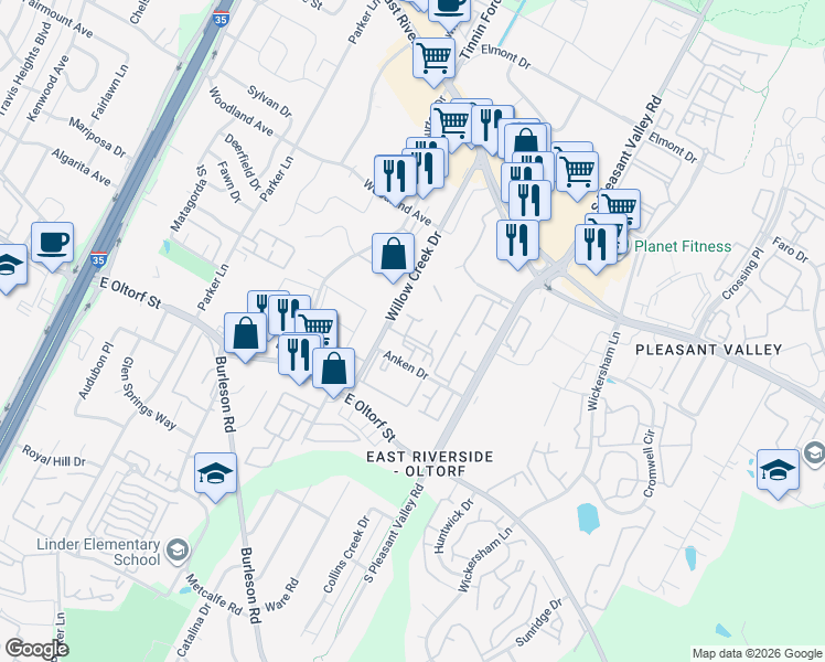map of restaurants, bars, coffee shops, grocery stores, and more near 1913 Willow Creek Drive in Austin