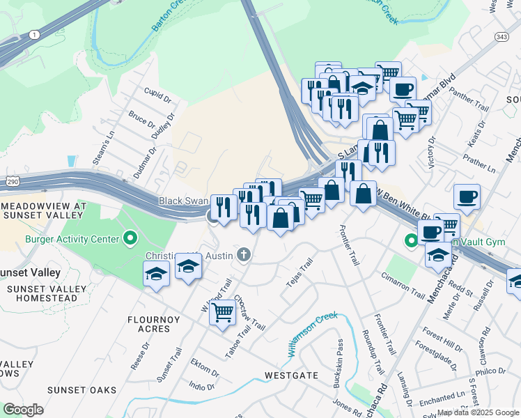 map of restaurants, bars, coffee shops, grocery stores, and more near 4505 East US Highway 290 Service Road in Austin