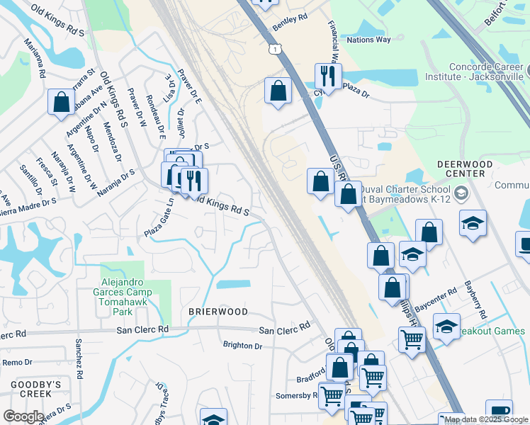 map of restaurants, bars, coffee shops, grocery stores, and more near 8291 Old Kings Road South in Jacksonville