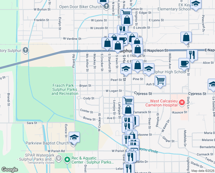 map of restaurants, bars, coffee shops, grocery stores, and more near 700-798 S Stanford St in Sulphur