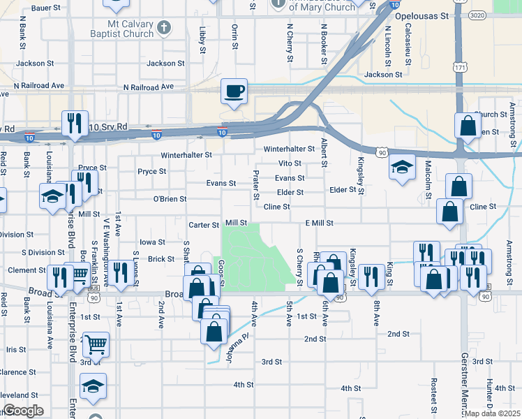 map of restaurants, bars, coffee shops, grocery stores, and more near 2017 Cline St in Lake Charles