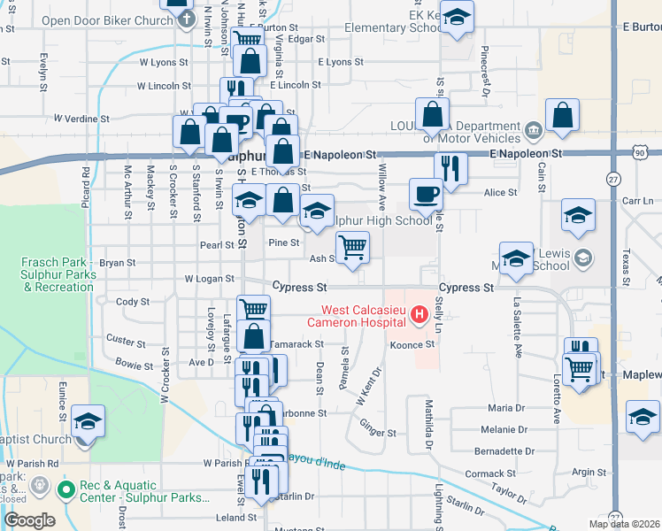 map of restaurants, bars, coffee shops, grocery stores, and more near 100 Sycamore Street in Sulphur