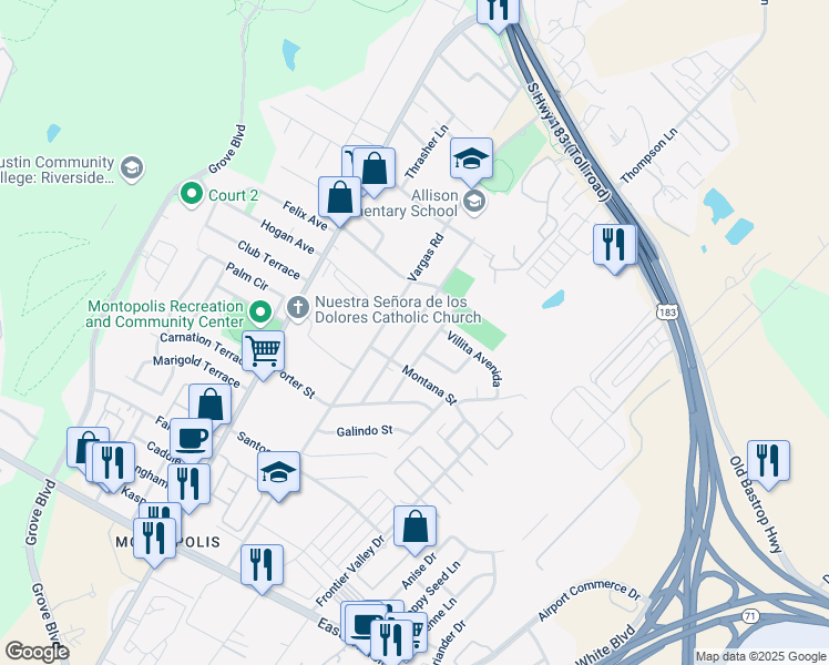 map of restaurants, bars, coffee shops, grocery stores, and more near 915 Valdez Street in Austin