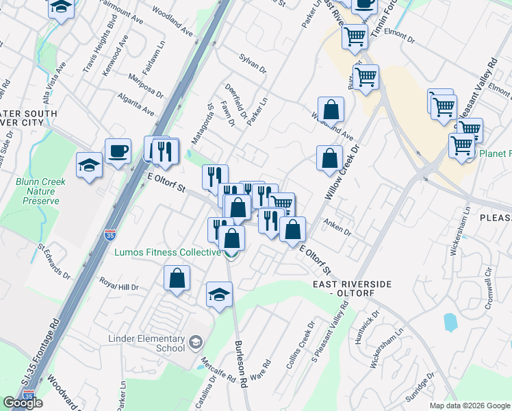 map of restaurants, bars, coffee shops, grocery stores, and more near 2124 Burton Drive in Austin