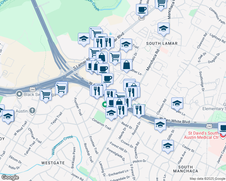 map of restaurants, bars, coffee shops, grocery stores, and more near 2110 Fort View Road in Austin