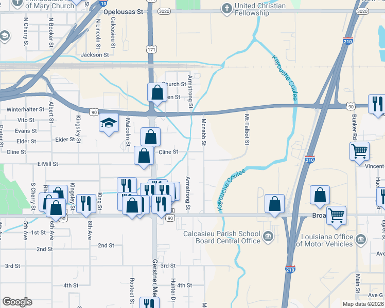 map of restaurants, bars, coffee shops, grocery stores, and more near 501 Armstrong Street in Lake Charles