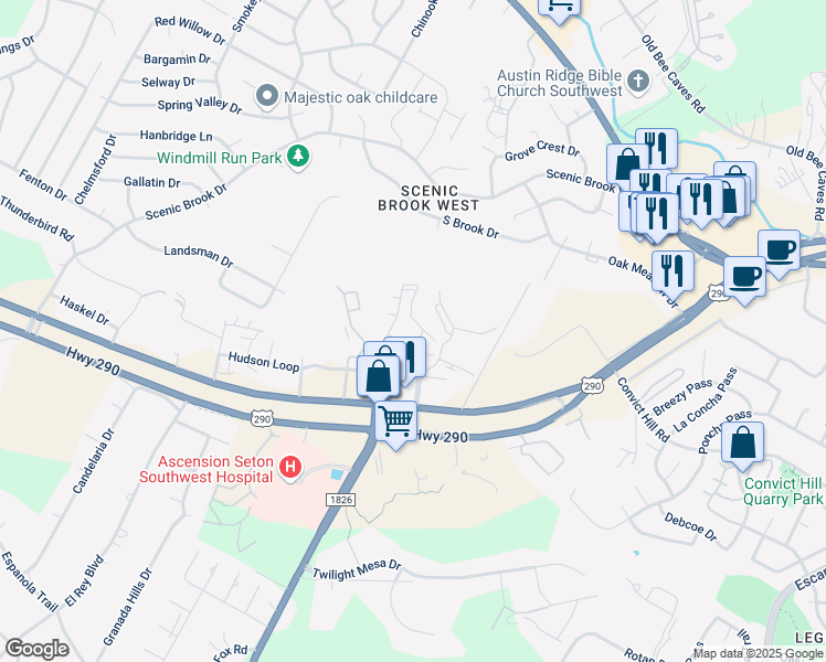 map of restaurants, bars, coffee shops, grocery stores, and more near 7880 U.S. 290 in Austin