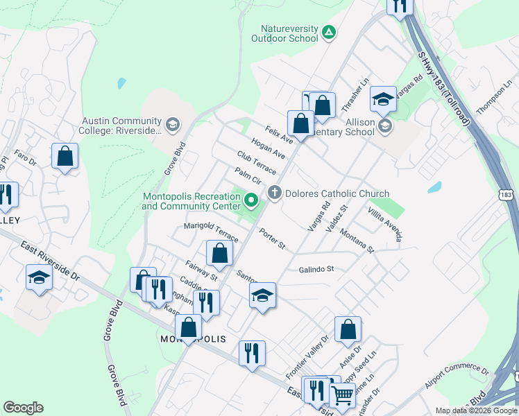 map of restaurants, bars, coffee shops, grocery stores, and more near 6210 Larch Terrace in Austin