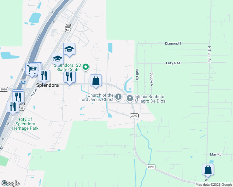 map of restaurants, bars, coffee shops, grocery stores, and more near 26551 Faye Street in Splendora