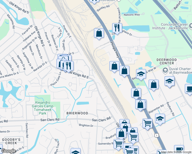 map of restaurants, bars, coffee shops, grocery stores, and more near 8293 San Jose Manor Court in Jacksonville