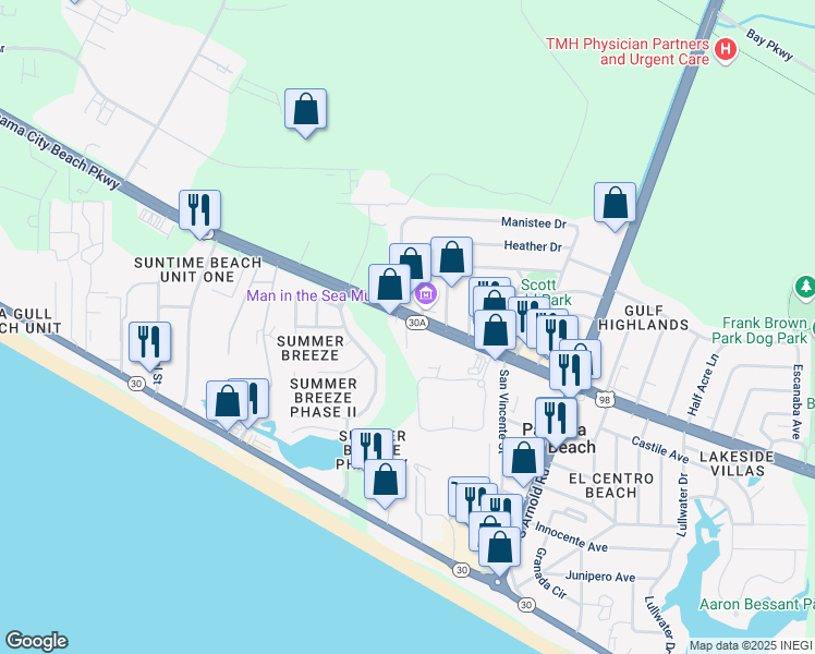 map of restaurants, bars, coffee shops, grocery stores, and more near 17320 Panama City Beach Parkway in Panama City Beach