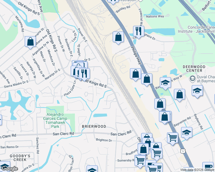 map of restaurants, bars, coffee shops, grocery stores, and more near 8205 San Jose Manor Court in Jacksonville
