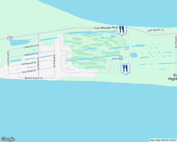 map of restaurants, bars, coffee shops, grocery stores, and more near 7399 Kiva Way in Gulf Shores