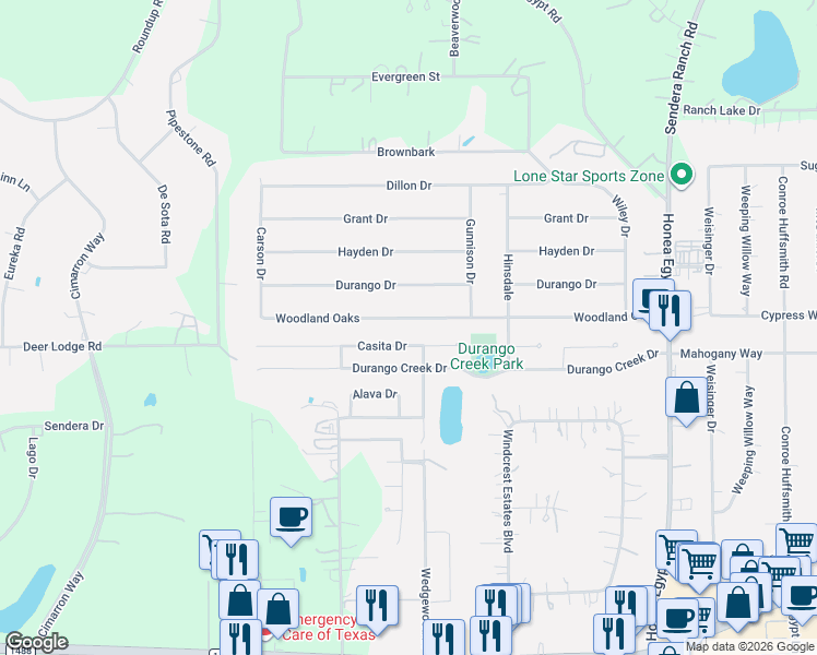 map of restaurants, bars, coffee shops, grocery stores, and more near 6822 Woodland Oaks in Magnolia