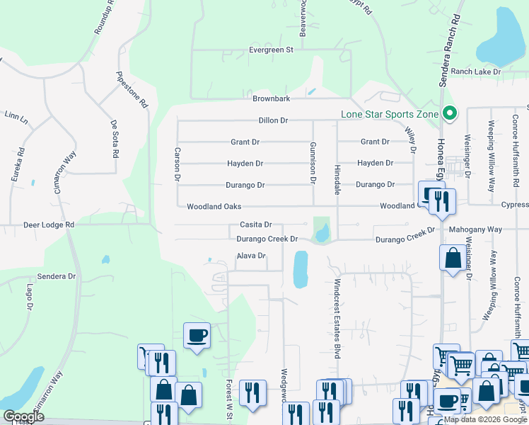 map of restaurants, bars, coffee shops, grocery stores, and more near 6823 Woodland Oaks Drive in Magnolia