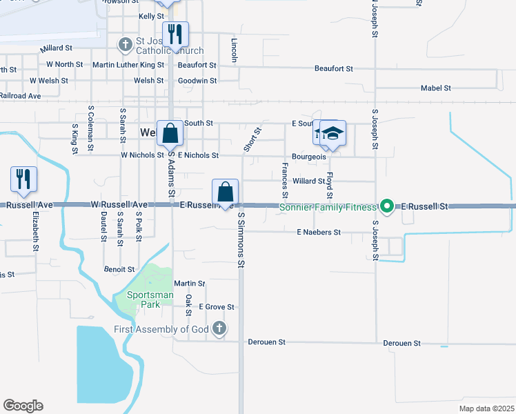 map of restaurants, bars, coffee shops, grocery stores, and more near 511 East Russell Street in Welsh
