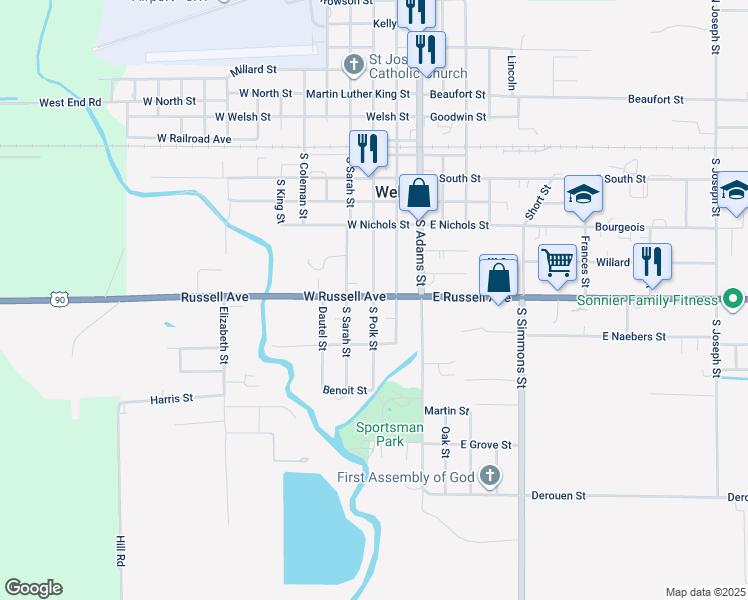 map of restaurants, bars, coffee shops, grocery stores, and more near 301 West Russell Avenue in Welsh
