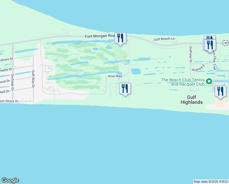 map of restaurants, bars, coffee shops, grocery stores, and more near 545 Plantation Road in Gulf Shores