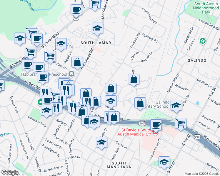 map of restaurants, bars, coffee shops, grocery stores, and more near 3905 Clawson Road in Austin