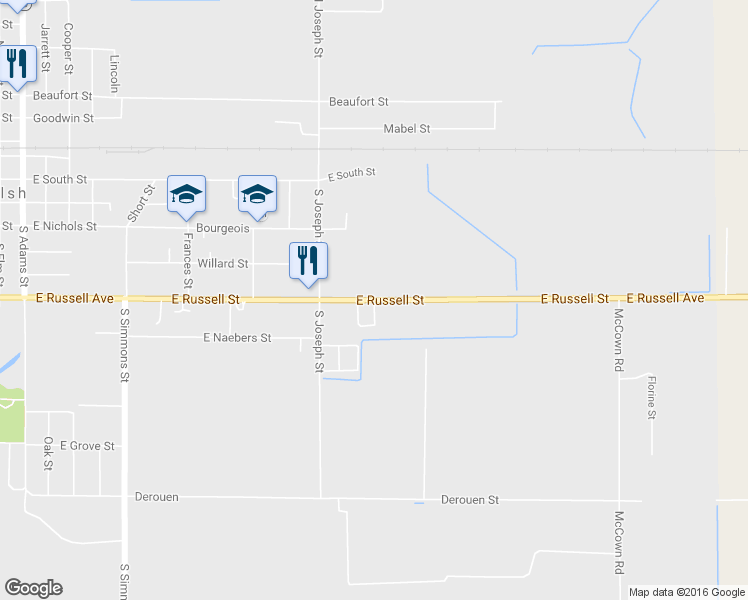 map of restaurants, bars, coffee shops, grocery stores, and more near East Russell Street in Welsh