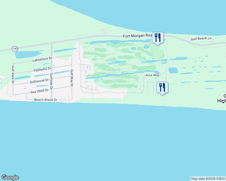 map of restaurants, bars, coffee shops, grocery stores, and more near 7399 Kiva Way in Gulf Shores