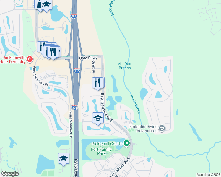 map of restaurants, bars, coffee shops, grocery stores, and more near 7807 Baymeadows Road East in Jacksonville