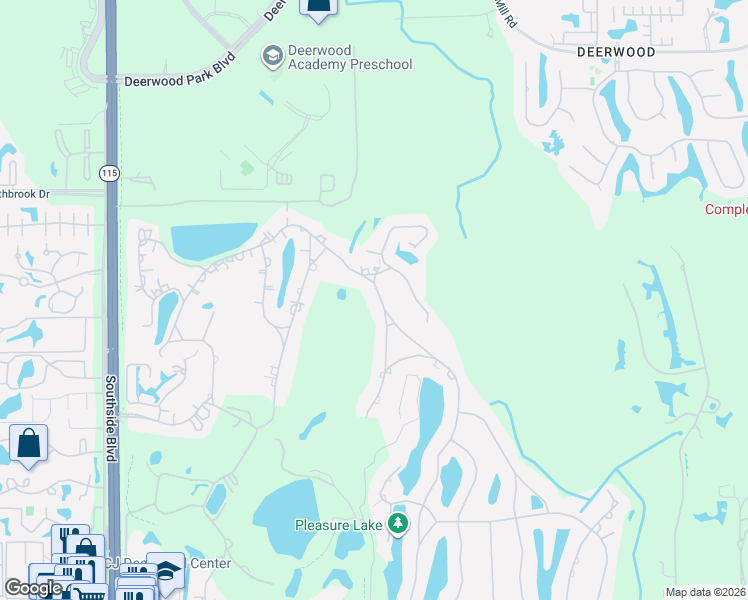 map of restaurants, bars, coffee shops, grocery stores, and more near 7602 Hunters Grove Road in Jacksonville