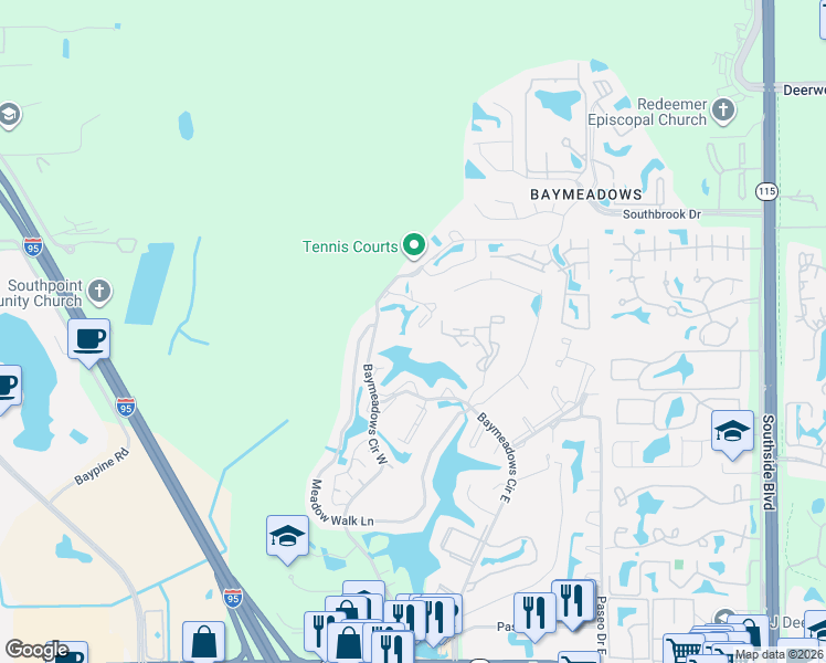 map of restaurants, bars, coffee shops, grocery stores, and more near 7701 Bay Meadows Circle in Jacksonville