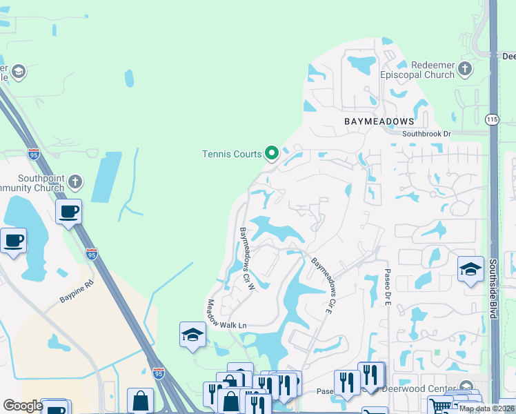 map of restaurants, bars, coffee shops, grocery stores, and more near 7701 Baymeadows Circle West in Jacksonville
