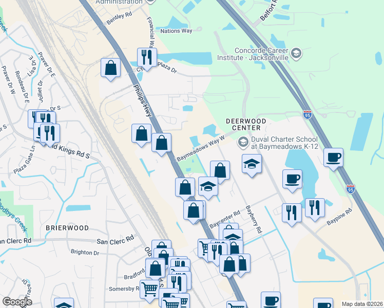 map of restaurants, bars, coffee shops, grocery stores, and more near 8186 Baymeadows Way West in Jacksonville