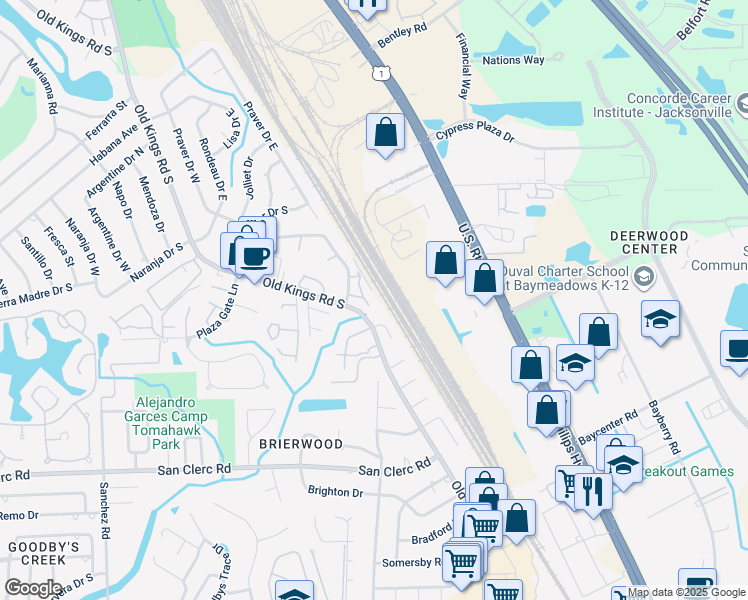 map of restaurants, bars, coffee shops, grocery stores, and more near 8293 San Jose Manor Court in Jacksonville