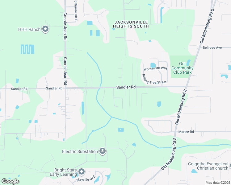map of restaurants, bars, coffee shops, grocery stores, and more near 9580 Sandler Road in Jacksonville