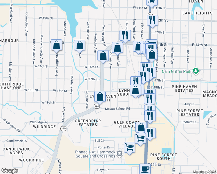 map of restaurants, bars, coffee shops, grocery stores, and more near 1701-1799 Virginia Avenue in Lynn Haven