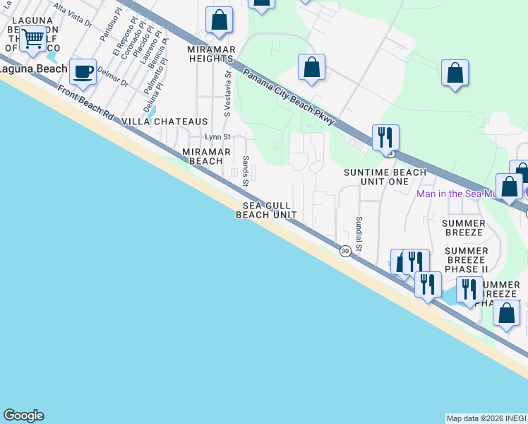 map of restaurants, bars, coffee shops, grocery stores, and more near 17719 Front Beach Road in Panama City Beach