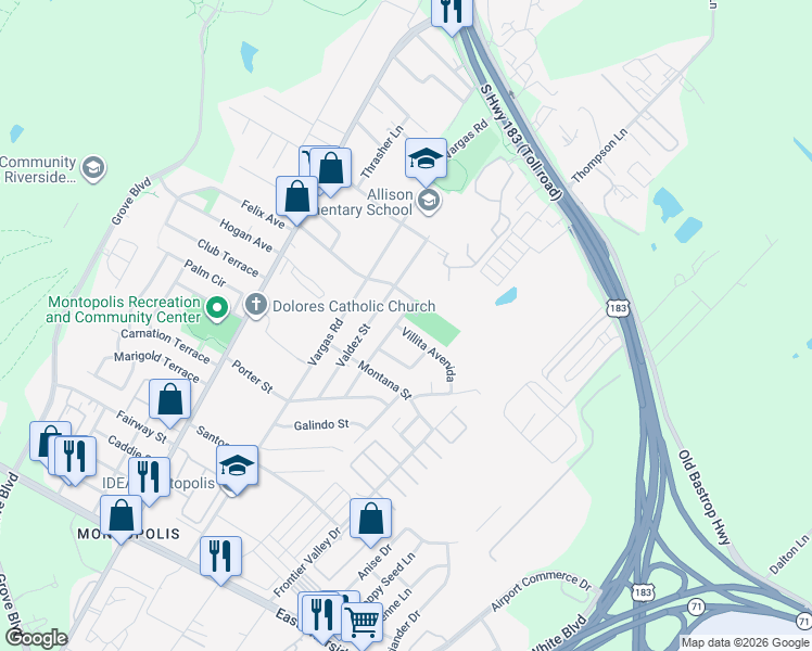 map of restaurants, bars, coffee shops, grocery stores, and more near 901 Vasquez Street in Austin